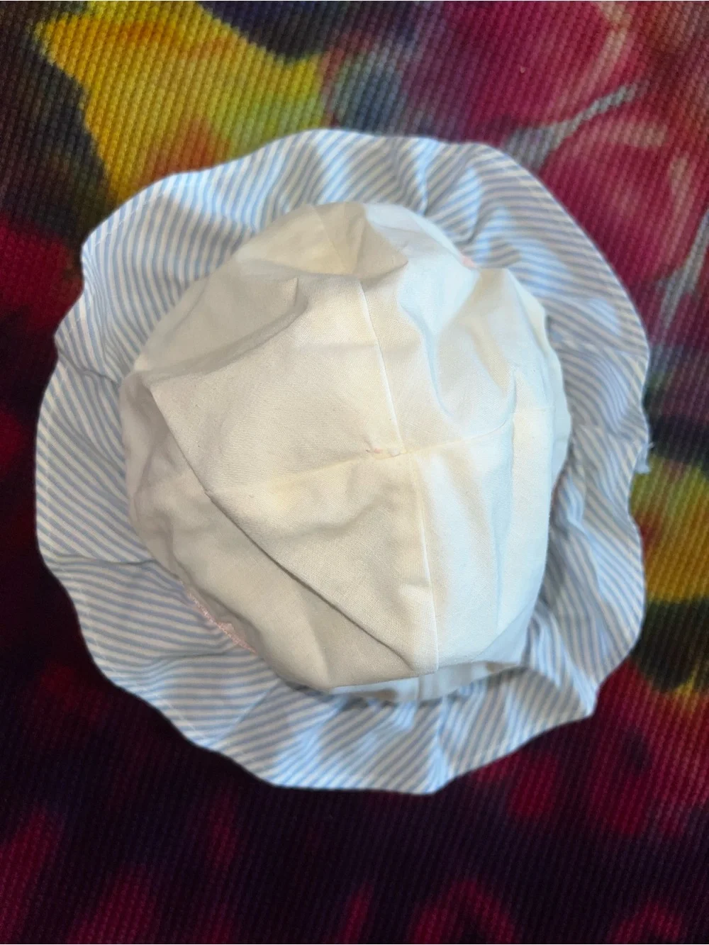 Vintage 90s Baby Bonnet Hat White with Blue Striped Ruffle & Pink Trim